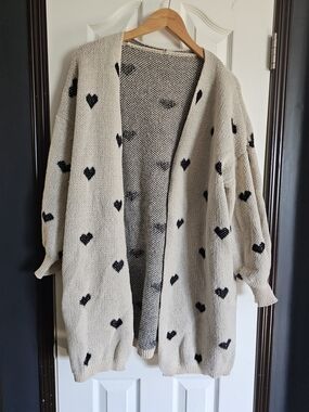 Cream Heart Pattern Open-Front Women's Cardigan Sweater